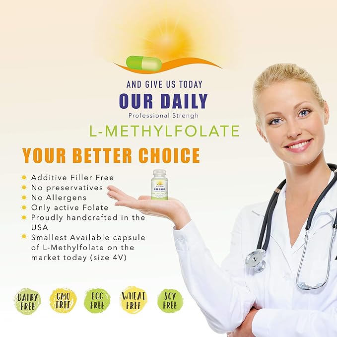 Our Daily Vites L-Methylfolate 7.5 mg / 7500 mcg Maximum Strength Active Folate, 5-MTHF, Filler Free, Gluten Free, Non-GMO, Vegetarian Capsules 60 Capsules