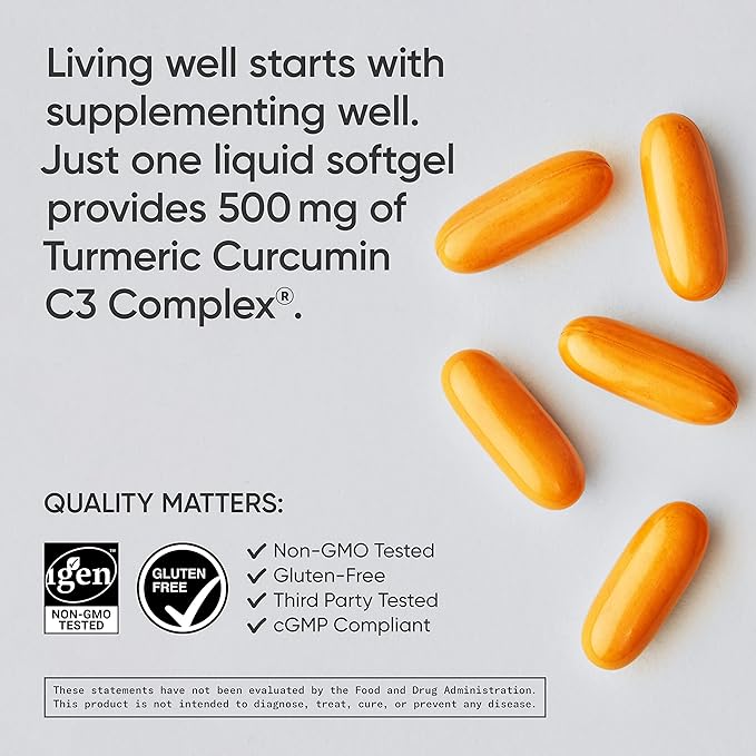 Sports Research Turmeric Curcumin C3 Complex - Softgels with Bioperine Black Pepper Extract & Organic Coconut Oil, Standardized 95% Curcuminoids - Non-GMO Verified & Gluten Free - 500mg, 120 Count
