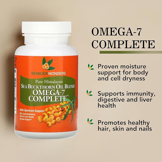 Organic Sea Buckthorn Oil, Omega-7 Complete Softgels, 180 Count, with Omega 3, 6 & 9, Supports Hair, Skin & Nail Health, 1000mg per Serving