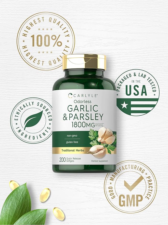 Carlyle Odorless Garlic & Parsley 1800mg | 200 Softgels | Non-GMO, Gluten Free Supplement