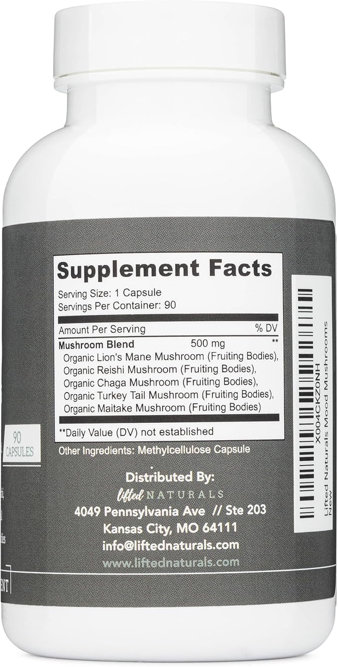 Mood Mushrooms - Lifted Mushroom Supplement - Lion's Mane, Reishi, Chaga, Turkey Tail, Maitake - Energy, Focus, Stress Relief