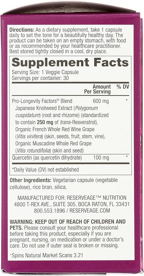 Reserveage Beauty Resveratrol 250 mg - Best Trans-Resveratrol - Vegan Antioxidant Supplement for Cellular & Heart Health - Aids Healthy Aging & Immune Health - 30 Vegetable Capsules (30 Servings)