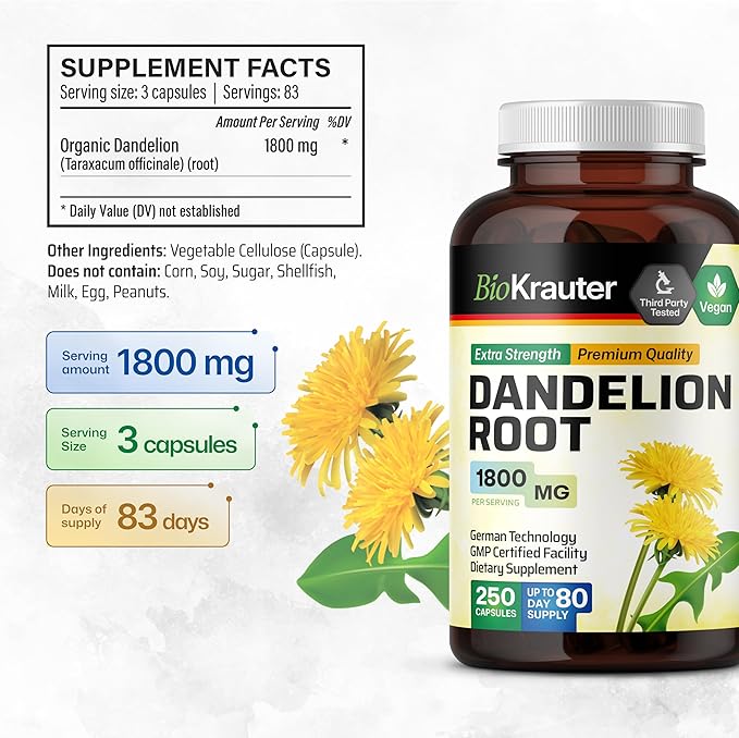 BIO KRAUTER Dandelion Root Supplement - 1800 mg Strength - 250 Count - Dandelion Root Capsules - Vegan Capsules for Liver Support & Immunity