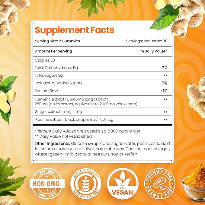 Curcumin Turmeric Gummies – Extra Strength 2000mg 8:1 Extract Turmeric Supplement Gummies with Black Pepper & Ginger – Vegan Non-GMO Joint Support Chewables – Peach Flavor - Pack of 2