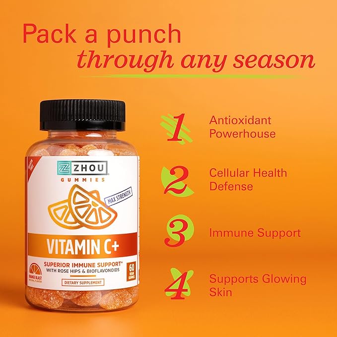 Zhou Nutrition Vitamin C+ Immune Support Gummies Max Strength with Rose Hips & Bioflavonoids, Non-GMO, Vegan, Gluten Free, Orange Blast Flavor, 60 Count