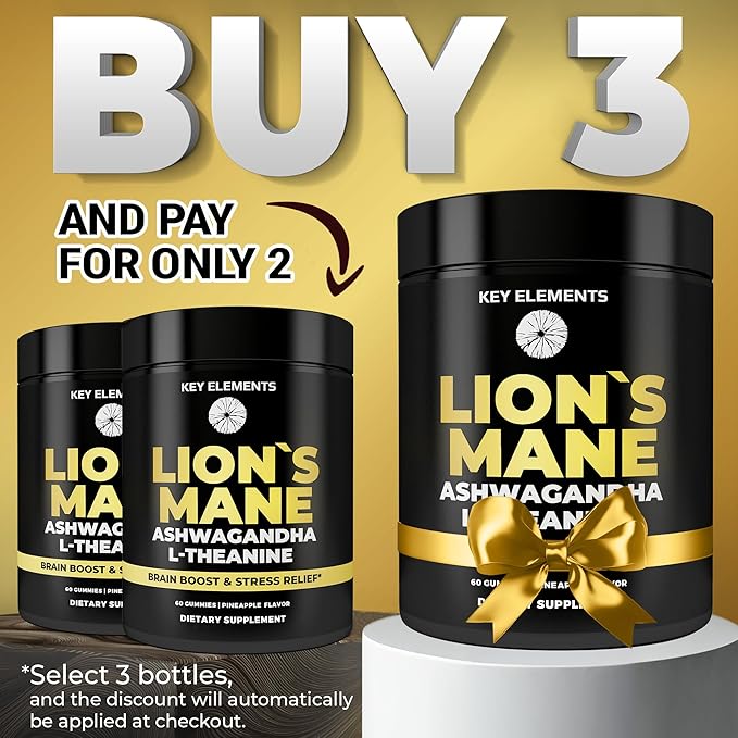 KEY ELEMENTS High Strength Extract Organic Lion's Mane Mushroom Gummies with Ashwagandha & L-Theanine - Potent Lion's Mane Brain Supplements for Memory & Relaxation - Mushroom Gummies for Focus