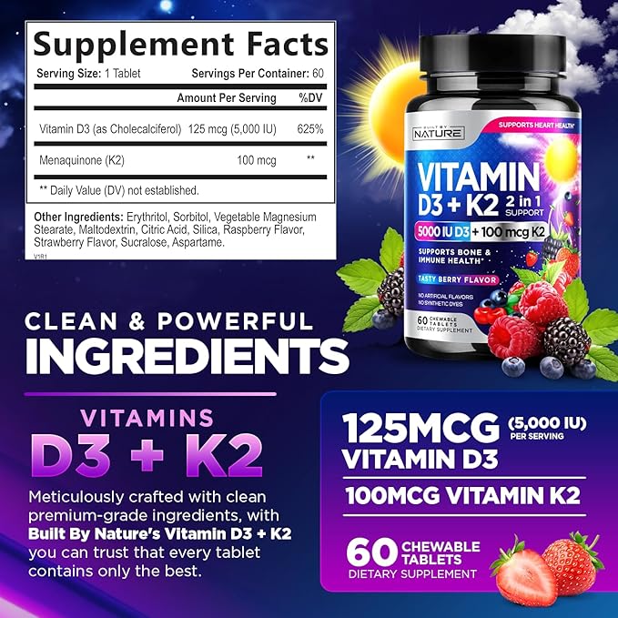 Vitamin D3 K2 – Chewable Vitamin D 5000 IU & K2 MK-7 100 mcg – 2 in 1 Vitamin D K2 Supplement Chews - Immune, Heart, & Bone Support – Non GMO - Tasty Berry Flavor - 60 Chewable Tablets