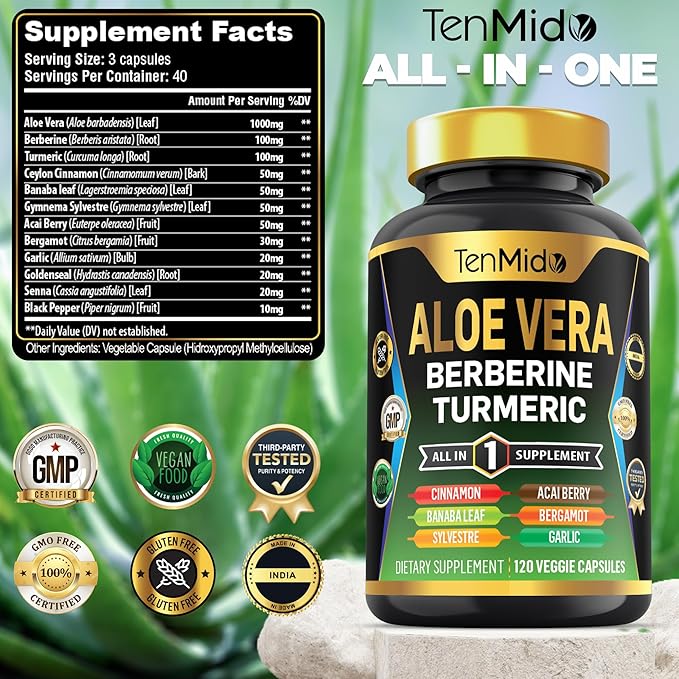 Aloe Vera Capsules Supplement - 12in1 Formula - Combine with Berberine, Turmeric, Ceylon Cinnamon, Banaba Leaf, Gymnema Sylvestre, Acai Berry, Bergamot, Garlic, and More - 120 Capsules