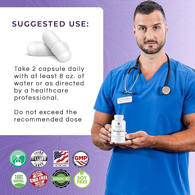 DR. EMIL NUTRITION Resveratrol Supplement - Healthy Aging Supplement with 500mg Resveratrol and 100mg Quercetin - Supports Normal Cellular & Cognitive Health, 60 Capsules