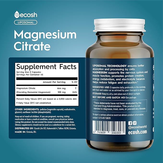 Liposomal Magnesium Citrate Capsules — High Absorption Magnesium Supplement for Constipation, Sleep, Muscle Cramps & Recovery | High Potency Mg | Easy to Swallow Veg Capsules | Non-GMO | 270 ct