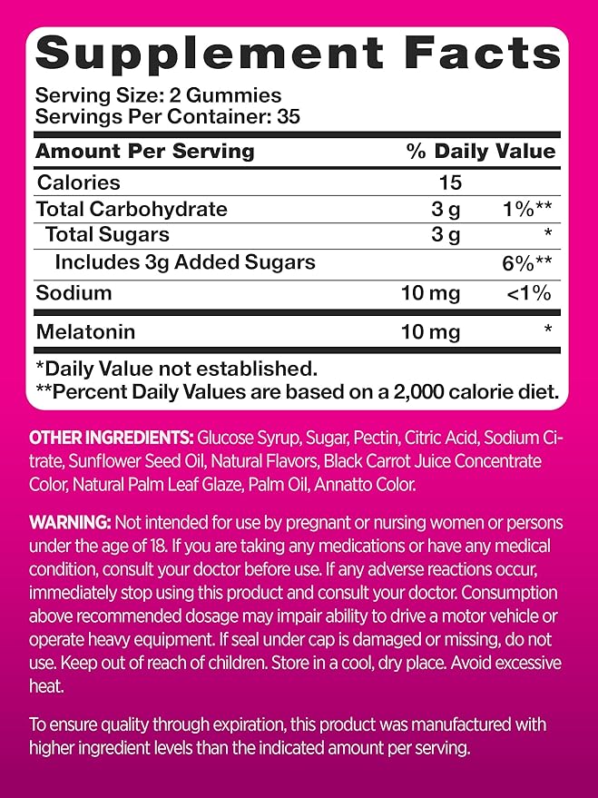 PINK Melatonin Gummies for Adults | 10mg | Max Potency | Mixed Berry Flavor | Vegan, Non-GMO & Gluten Free Supplement