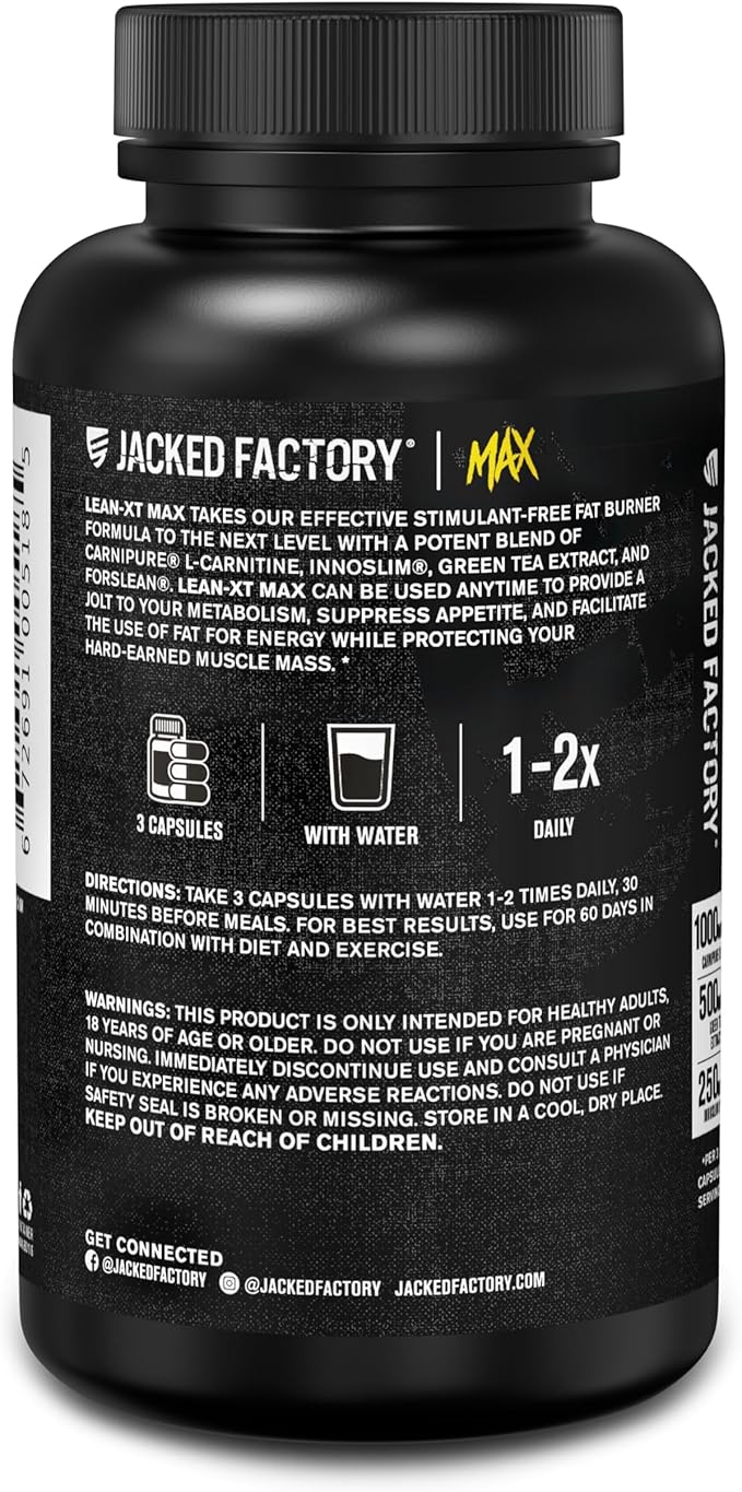 Jacked Factory Lean-XT Max - High-Performance Stim-Free Fat Burner with Carnipure, Green Tea Extract, InnoSlim, & ForsLean for Increased Metabolism, Weight Loss, & Appetite Suppression - 90 Count