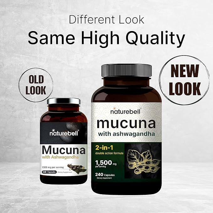 Mucuna Pruriens Capsules, Triple Strength 1500mg Per Serving, 2 in 1 Formula, Made with Mucuna and Ashwagandha, 240 Capsules, Potent Seed Extract, Positive Mood, Relaxation & Restoration Support
