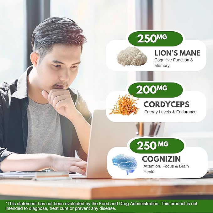 Life Happns Level Up Energy and Focus Supplement with Lions Mane, Ginkgo Biloba, L Theanine, Cordyceps Mushroom, Vitamin B, Brain and Memory Support Supplements, 90 Capsules