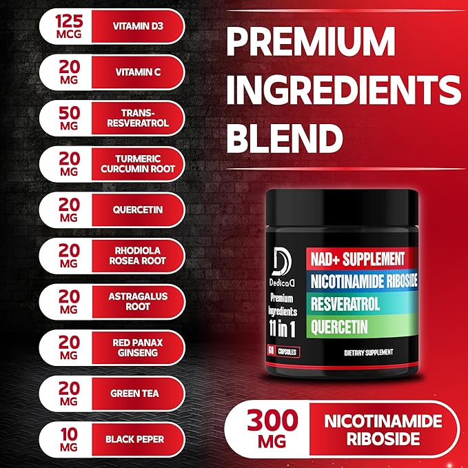 11in1 NAD+ Supplement with Nicotinamide Riboside, Quercetin, Resveratrol and 8 More - 2 Month Supply