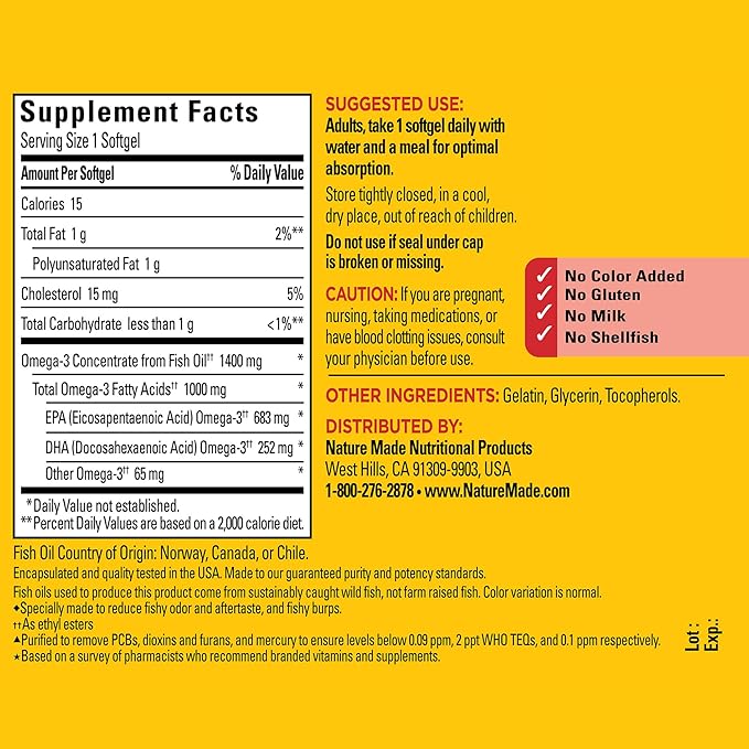 Nature Made Extra Strength Omega 3 Fish Oil Supplements, 1400mg, Fish Oil Omega 3 Supplements as Ethyl Esters for Healthy Heart, Brain, Eyes, Mood Support, 45 Softgels, 45 Day Supply