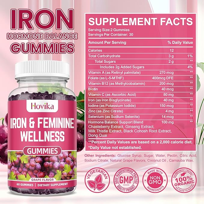 Iron & Hormone Balance for Women Gummies, 40mg Iron Supplement Anemia with multivitamin for Women, Zinc, Selenium, Iodine - for Iron Deficiency - Natural Hormonal Support for PMS, Vegan 60 Count