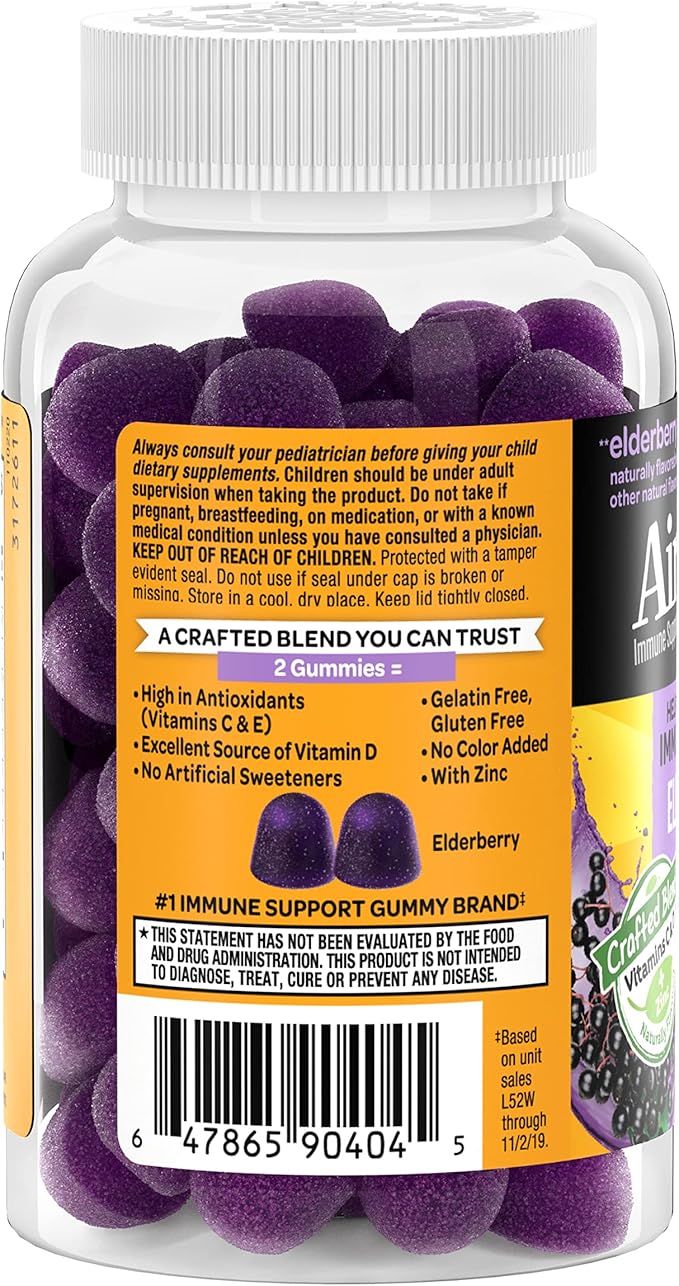 Airborne Kids Elderberry + Zinc & Vitamin C Gummies, Kids Immune Support with Powerful Antioxidants VIT D & E - 50 Gummies, Elderberry Flavor