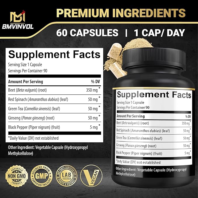 Beet Root Capsules - Green Tea, Red Spinach, Ginseng, Black Pepper - 90 Count - Supports Digestive, Immune System, Energy Levels - 3 Month Supply
