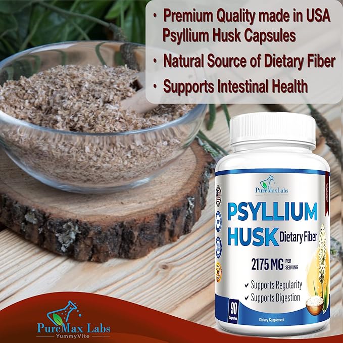 Psyllium Husk Dietary Fiber Supplement 2175mg, Non-GMO, 90 Capsules