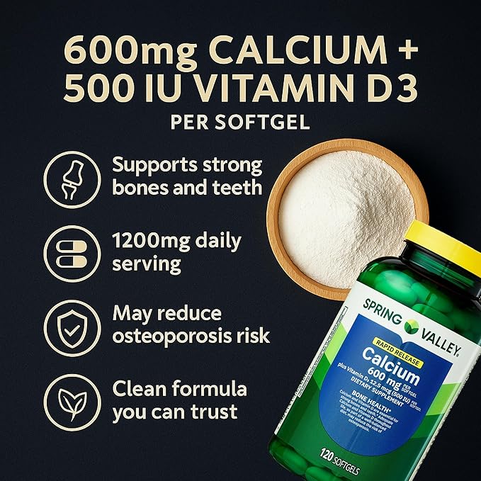 Spring Valley Calcium 600 mg + Vitamin D3, 120 Softgels | Bone Health, Strong Teeth & Osteoporosis Support | Rapid-Release Capsules, Gluten-Free Supplement Bundle with Luall's 45 Diabetes Decoded