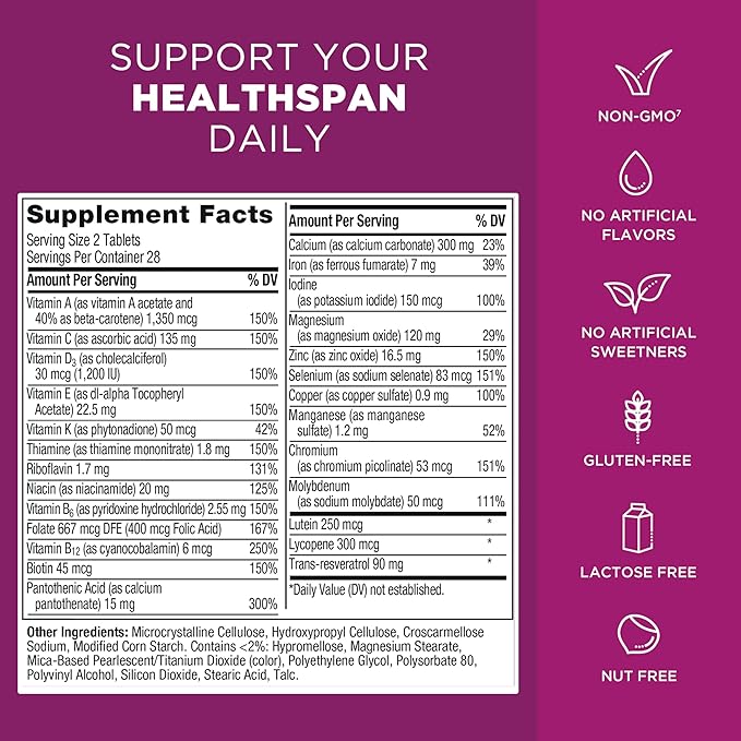 Centrum Age Defy for Women, All-in-1 High Potency Multivitamin + Healthy Aging Supplement, Multivitamin Blend with Resveratrol, and Niacin for NAD+ Level Support, Aluminium Bottle, 56 Tablets