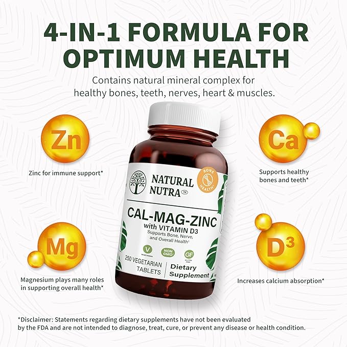 Natural Nutra 250 Count, Calcium Magnesium Zinc Supplement with Vitamin D3 for Bone Strength, Nerve Health, Helps Improve Better Vibe, Gluten Free and Sugar-Free, Essential Mineral Complex