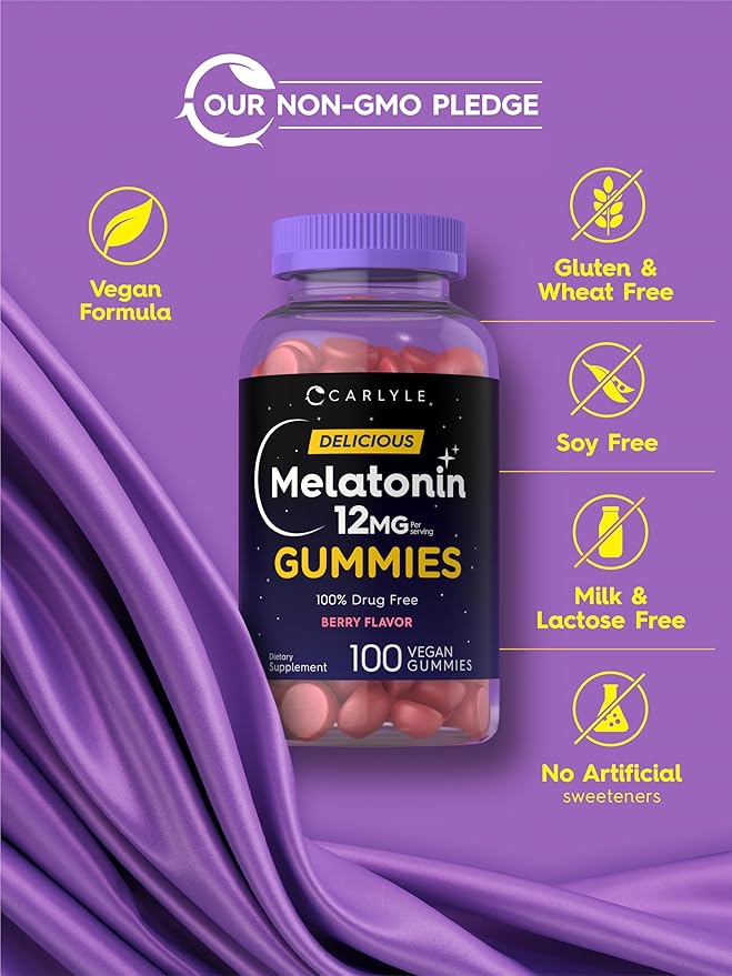 Carlyle Melatonin Gummies 12mg | 100 Count | Berry Flavor | Vegan Supplement | Non-GMO, Gluten Free