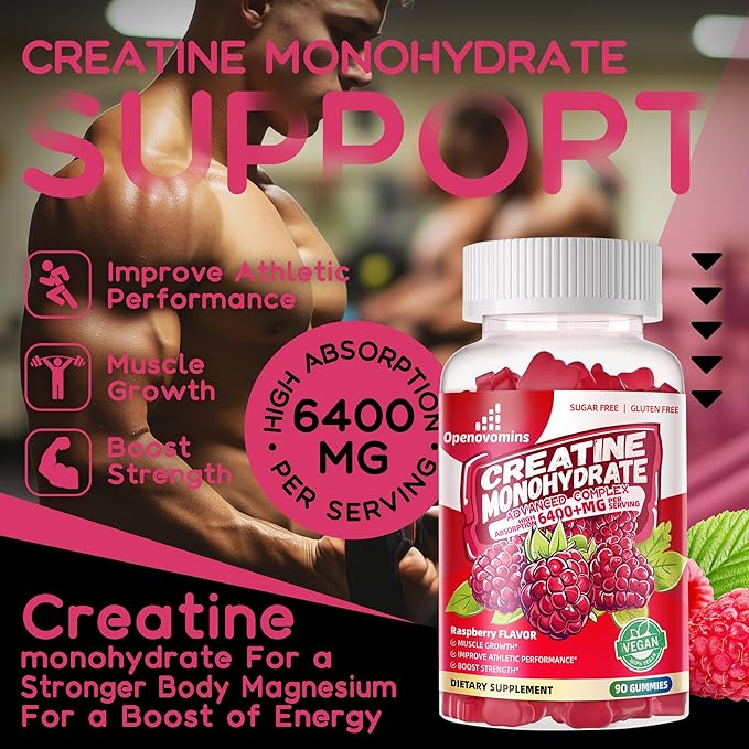 Creatine Monohydrate Gummies Complex 6400mg for Men & Women -Advanced Formula W/L-Taurine + Vitamin B12, Sugar Free Chewable Supplement,90 Raspberry Gummies