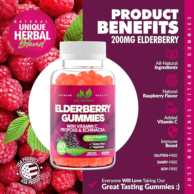 Elderberry Gummies with Vitamin C, Echinacea, Propolis (60 count) - Immune Support for Adults & Kids - Maximum Strength, Great Tasting Raspberry Flavor - Gluten-Free, Vegan - 60 Gummies
