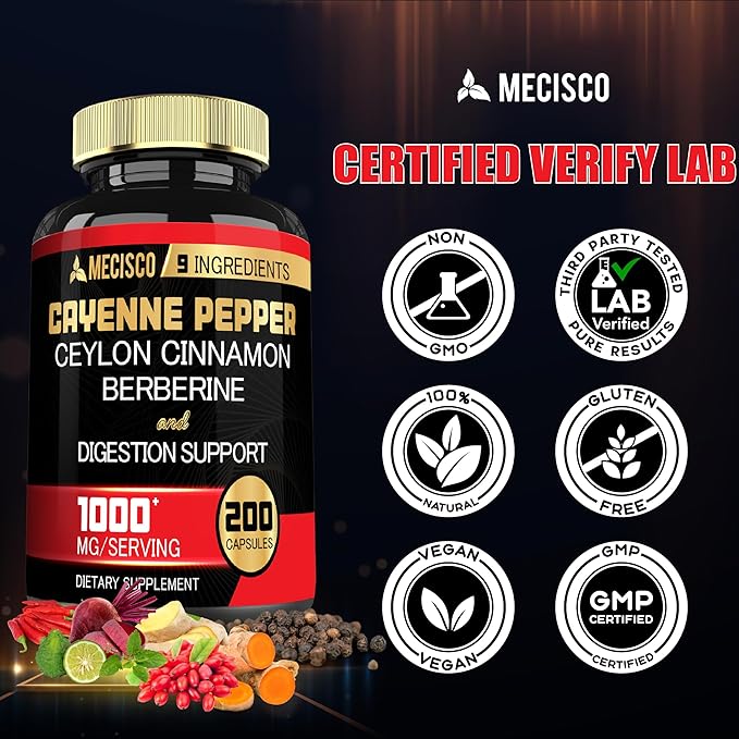 Cayenne Pepper Capsules with Turmeric Curcumin Root, Berberine HCl, Ceylon Cinnamon Bark & More - 200 Capsules - Support Digestion Health, Immune System & Body Balance