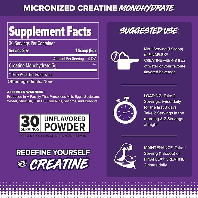 FINAFLEX Pure CREATINE, Unflavored - 5.3 oz - Promotes Muscular Strength, Size & Performance - 100% Pure, Micronized Creatine Monohydrate - 30 Servings
