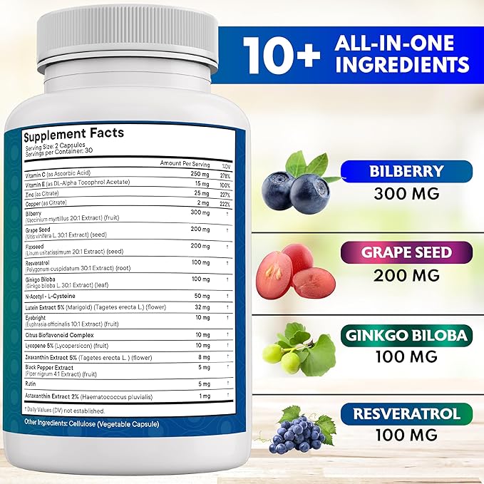 NEW AGE Eye Health Vitamins with Bilberry Lutein & Zeaxanthin Lycopene Resveratrol Grape Seed Astaxanthin - Eye Vitamin - 60 Count