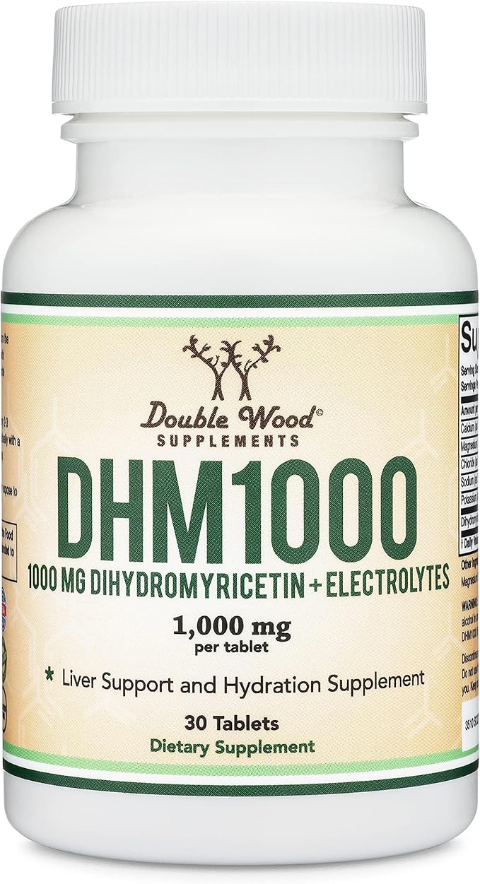 DHM1000 Dihydromyricetin (DHM) Tablets - Most Powerful DHM Supplement on The Market - 1,000mg (30 Count) Enhanced with Electrolytes for Hydration and Liver Support by Double Wood