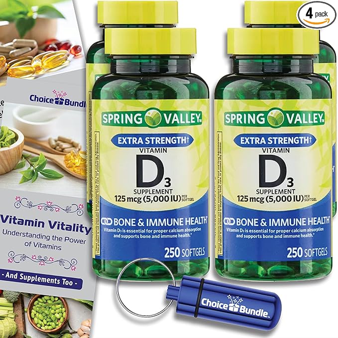 Spring Valley Vitamin D3 Softgels 125 mcg per Soft Gel 5,000 IU 250 Ct 4 pk (1000 Total) + Vitamin Guide & Pill Container (6 Items)!