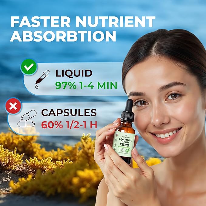 Irish Sea Moss Drops - 5X Stronger Than Sea Moss Gel - 92+ Essentials Minerals - with Bladderwrack, Burdock Root & Black Cumin - 2 Fl Oz (60ml) - Apple Flavor