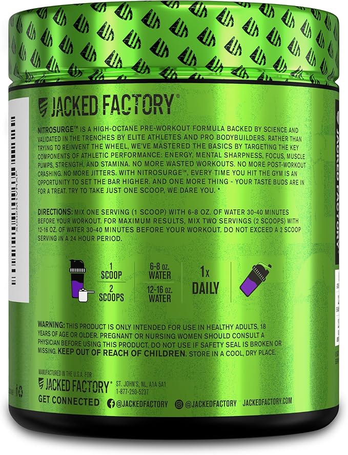 Jacked Factory NITROSURGE Pre Workout Supplement - Endless Energy, Instant Strength Gains, Clear Focus, Intense Pumps - Nitric Oxide Booster & Powerful Preworkout Energy Powder - 30 Servings, Grape