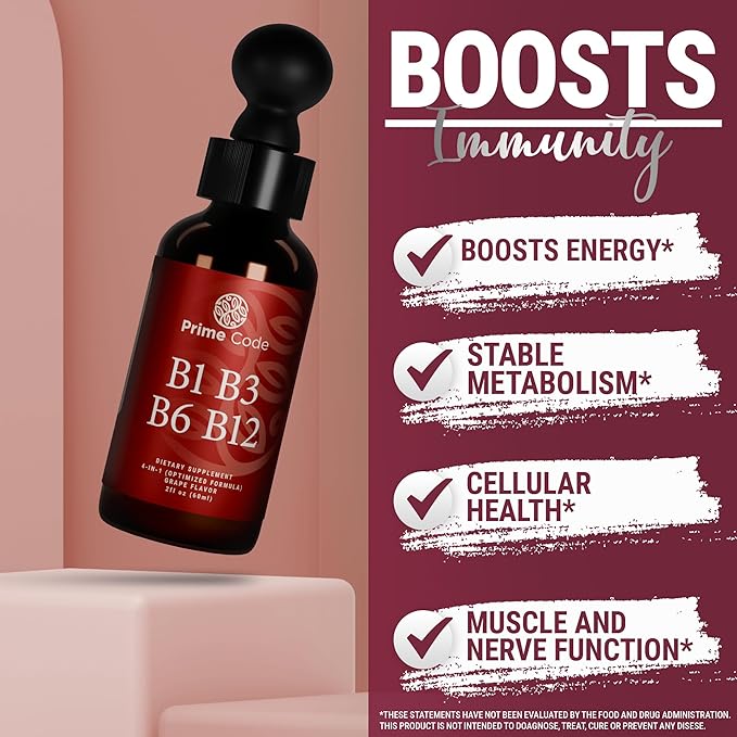 Prime Code Liquid Vitamin B1 Drops with Vitamin B3 B6 & B12 | B Complex Liquid Supplement | Thiamine Supplement for Adults | High Absorption | Immune Support | Non-GMO | Gluten-Free