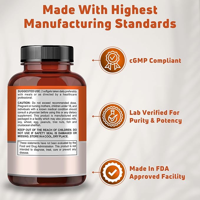 Omega 3 Fish Oil 2000mg. Fish Oil Omega 3 Supplements to Support Heart Health, Brain Functions and Cardiovascular System - Non-GMO, Gluten-Free & Keto-Friendly - 60 Servings, 120 Softgels