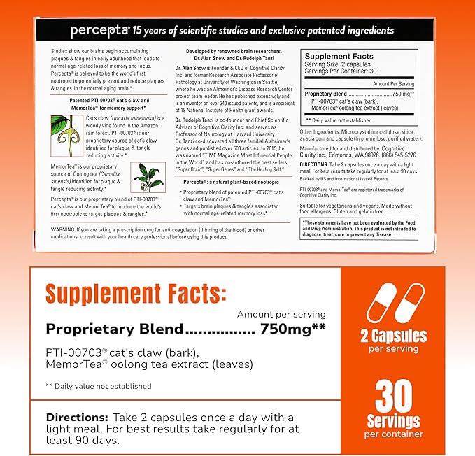 Percepta Plant-Based Memory Support - Natural Nootropic Brain Booster - Memory, Focus, Concentration - 30 Day Supply
