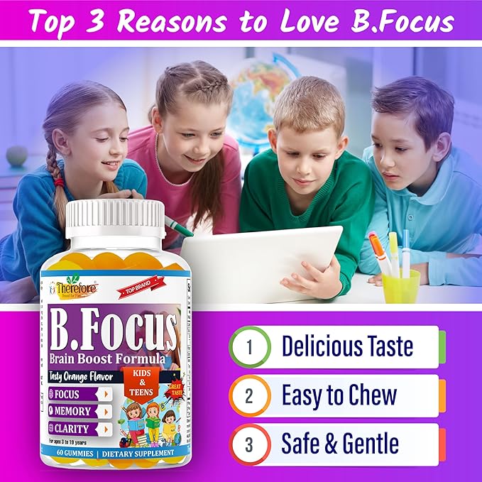 Therefore Kids Brain Booster Supplement Omega 3 for Kids & Teens, Focus Gummies Support Mental Clarity, Attention Concentration, Brain Supplements for Memory and Focus, Fruity Flavor 60 Gummy