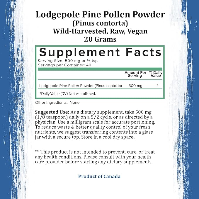 Holistic Bin Organic Pine Pollen Powder Pharmaceutical Grade, Wild Harvested, Golden Canadian Pine Pollen | Non GMO, No Additives | Pure Pollen Supplement Made from The Lodgepole Pine Tree, 20 g