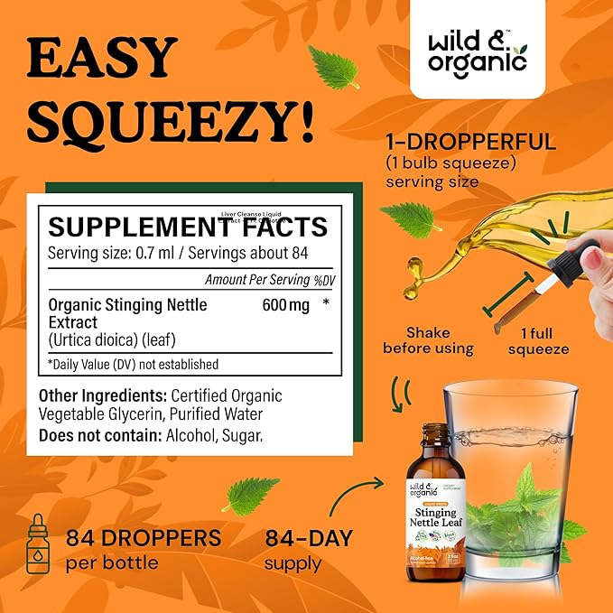 Wild & Organic Stinging Nettle Leaf Extract Drops - Urinary Tract Support - Liquid Stinging Nettle Supplement - Urtica Dioica Tincture - 2-Month Supply - Vegan, Sugar & Alcohol-Free - 2 fl oz