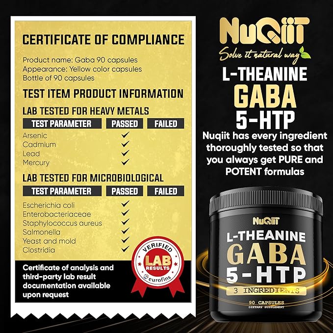 3in1 GABA Supplements 750mg L-Theanine 200mg & 5-HTP (5-hydroxytryptophan) - Equivalent to 1000mg - Support Brain Health, Concentration, Comfortable Mood - 90 Capsules