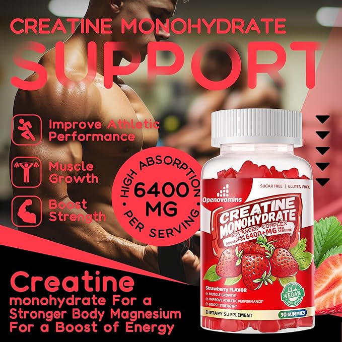 Creatine Monohydrate Gummies Complex for Men & Women -Advanced Formula W/L-Taurine + Vitamin B12, Sugar Free Chewable Supplement,180 Strawberry Gummies 2pack
