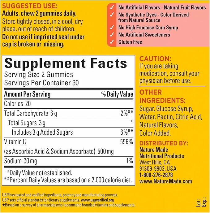 Nature Made Extra Strength Dosage Vitamin C 500 mg per Serving, Dietary Supplement for Immune Support, 60 Gummies, 30 Day Supply (Pack of 2)