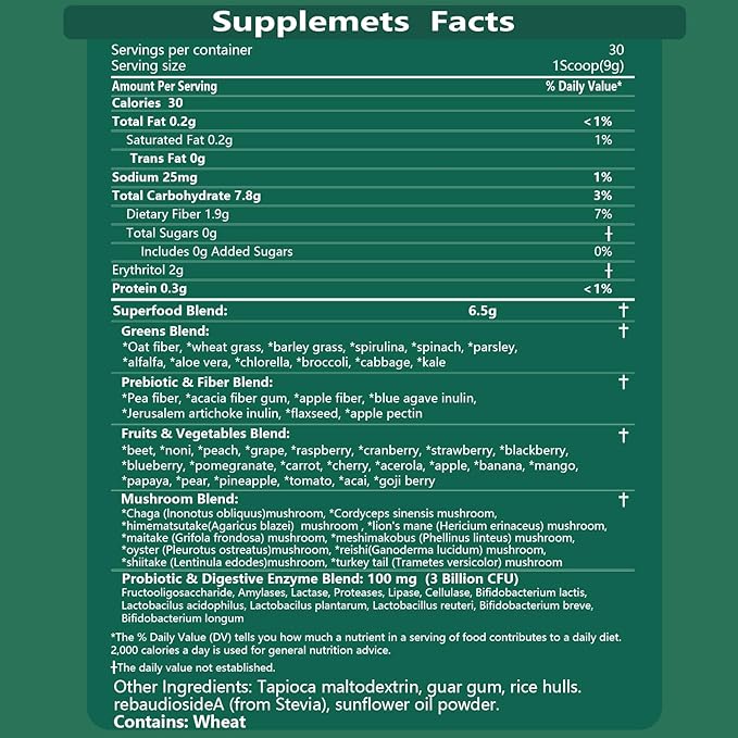Super Greens Powder, 50+ Superfoods Blend, No Sugar, Fiber, Fruits, Vegetables, Spirulina, Chlorella, Mushrooms, Antioxidants, Prebiotics & Probiotics, Digestive Enzymes (9.52 OZ, Mango)