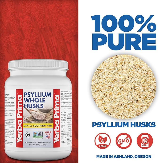 Yerba Prima Psyllium Whole Husks Fiber Supplement - Colon Cleanse - Gut Health - Vegan Non-GMO Gluten Free - 20oz