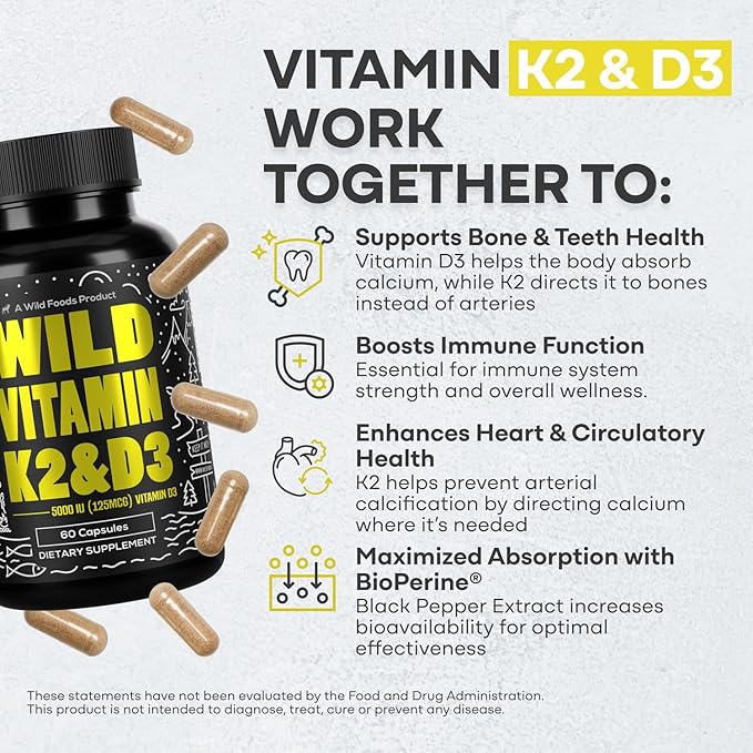 Wild Foods 5000iu Vitamin D3 + K2 | (100mcg Mk7) with Black Pepper Extract, Plant-Based, Non-GMO, Soy & Gluten-Free | Dietary Supplement | Made in USA | 60 Caps (Pack of 2)