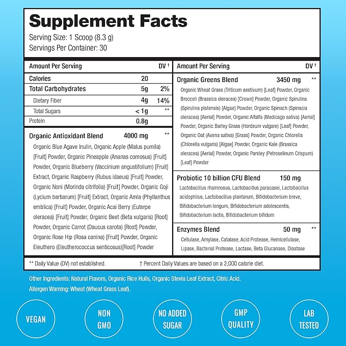 NutraChamps Super Greens Powder Premium Superfood | 20+ Organic Green Veggie Whole Foods | Wheat Grass, Spirulina, Chlorella | Antioxidant, Digestive Enzyme & Probiotic Blends (9.1 OZ, Tropical)